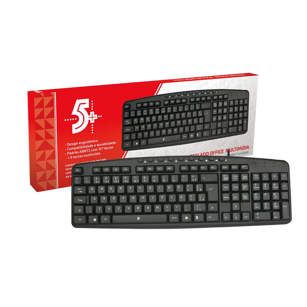 Teclado Multimídia Desktop Ergonômico Padrão Brasil ABNT2 USB - Office 5+